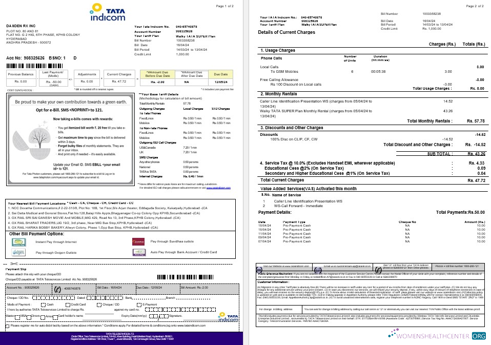 India Tata Indicom mobile business utility bill template in Word and PDF format, 2 pages